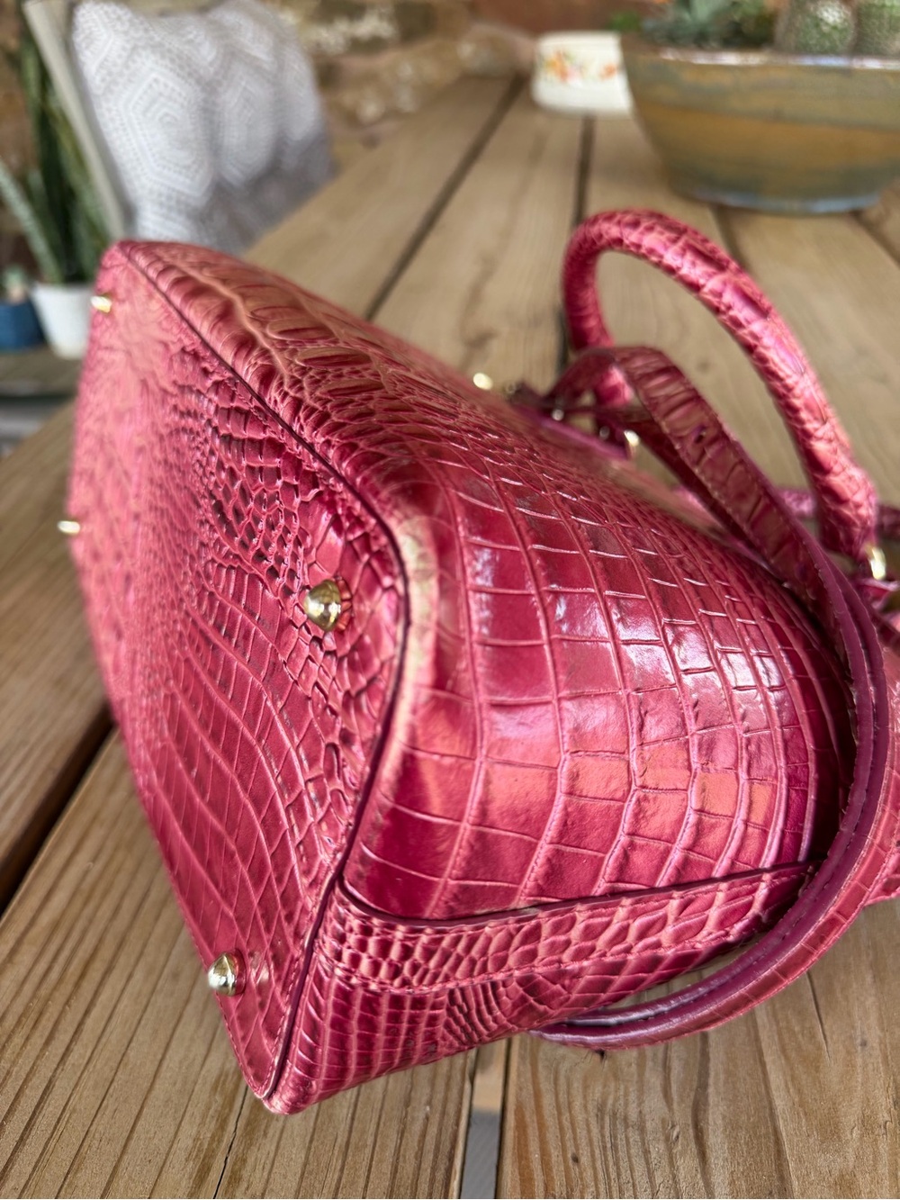 Brahmin Metallic Pink Croc-Embossed Satchel Bag - Picture 9 of 15